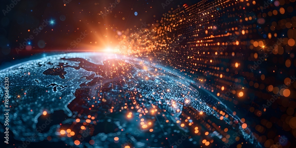 Poster burst of digital information shooting from a glowing global network symbolizing worldwide connectivi