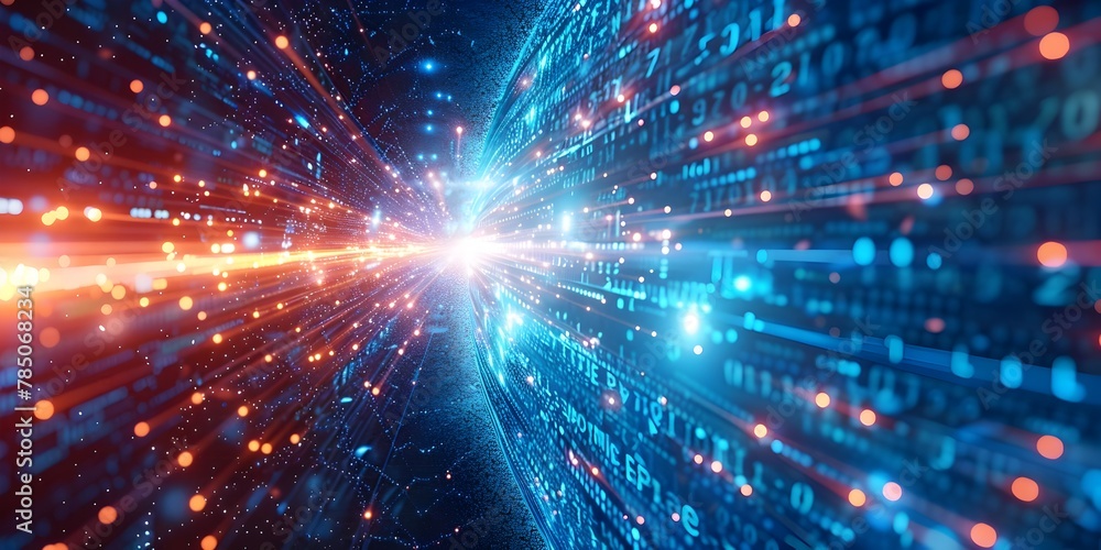 Poster burst of digital information emanating from futuristic global sphere representing interconnected wor