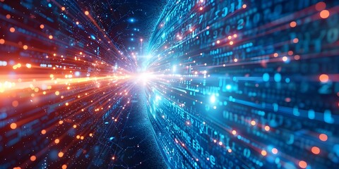 Obraz premium Burst of Digital Information Emanating from Futuristic Global Sphere Representing Interconnected Worldwide Communications and Internet Connectivity