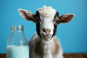 Sweet little goat kid enjoying a bottle of milk against a vibrant blue backdrop, capturing the innocence of the moment. - obrazy, fototapety, plakaty