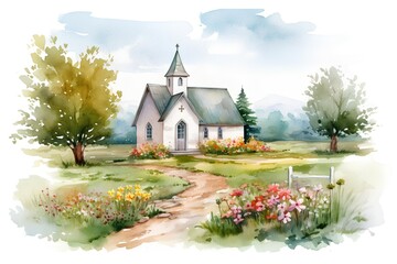 Watercolor illustration of a rural landscape with a church and flowers.
