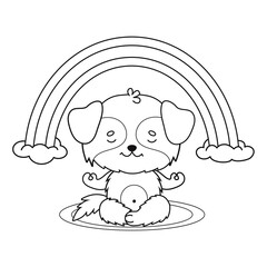Cute cartoon dog meditating under rainbow. Funny outline animal character kawaii . Vector illustration. Line drawing, coloring book