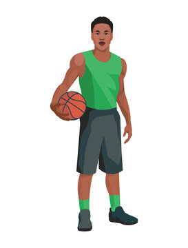 Figure of an African basketball player in a green jersey who stands with the ball straight