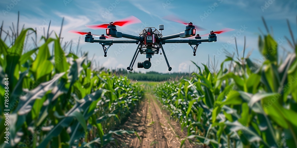 Aufkleber drone equipped with weather monitoring device soaring over cornfield for climate data collection and