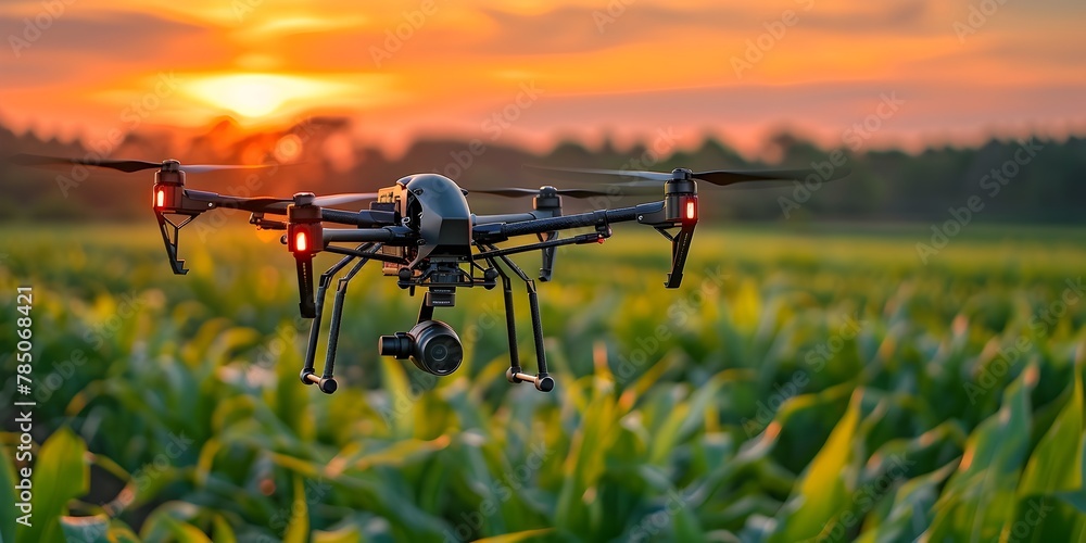 Aufkleber drone equipped with weather monitoring device gathering climate data over cornfield for optimal harv