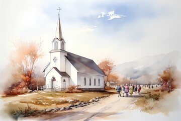 Church in the mountains. Watercolor painting. Digital illustration. Illustration. - obrazy, fototapety, plakaty