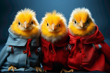 Sweet little chicks sporting tiny superhero capes, posing heroically on a blue backdrop.