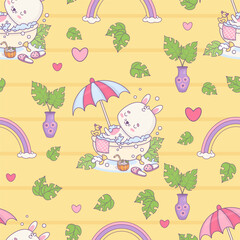 Seamless pattern with bunny rests in bubble bath under sun umbrella on yellow background with rainbow and tropical leaves. Cute funny kawaii animal character. Vector illustration. Kids collection
