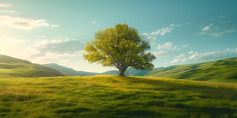 Solitary Tree Standing Tall in Verdant Meadow Under Sunny Skies