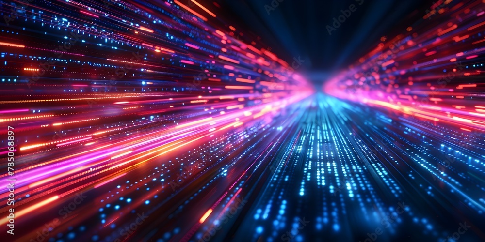 Poster futuristic cyberspace background with rapid data streams and luminous grid patterns