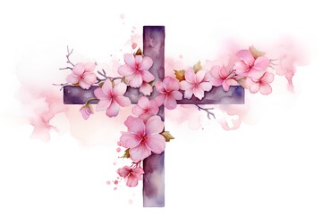 Watercolor christian cross with sakura flowers. Vector illustration.