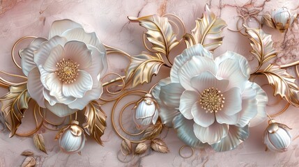 Elegant Baroque Golden Floral Decorations on Luxe Marble.