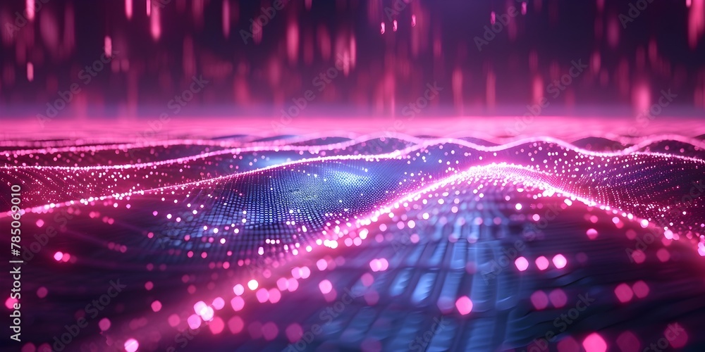 Poster pulsing digital grid with vibrant neon lights conveying the depth and speed of data flow through a f