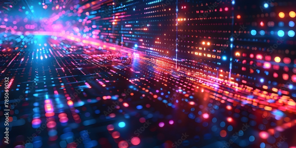 Poster vibrant digital network of luminous data flows and interconnected grids