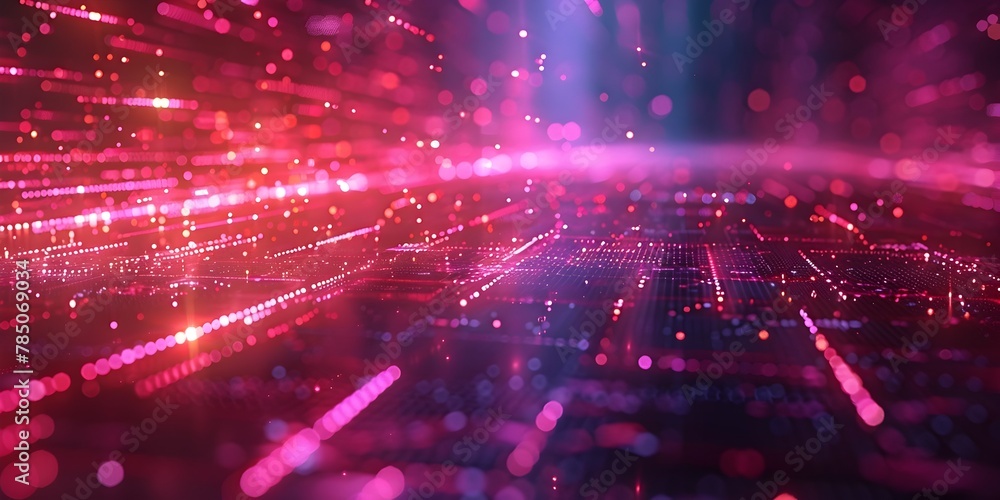 Poster hyperspeed data flow through a futuristic digital grid of luminous neon layers and glittering partic