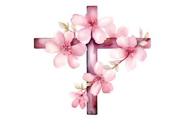 Watercolor christian cross with sakura flowers isolated on white background.