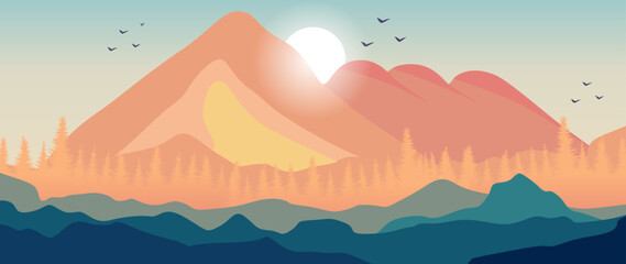 Vector illustration. Beautiful mountain nature. Travel and leisure concepts. A wonderful view of the mountains and forests. Perfect image for screensaver, cover, card, invitation and business card.
