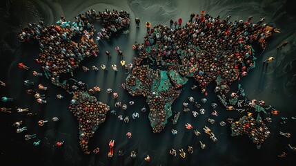 Illustration of a world map drawn out with realistic people seen from above on bluish background