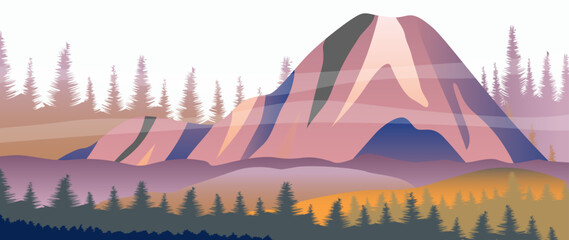 Vector illustration. Beautiful mountain nature. Travel and leisure concepts. A wonderful view of the mountains and forests. Perfect image for screensaver, cover, card, invitation and business card.