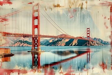 USA's Golden Gate Bridge. double exposure collage illustration in a modern minimalist style - obrazy, fototapety, plakaty