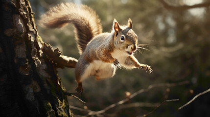 Squirrel captured mid-leap, gracefully navigating through the tree branches, its fur catching the sunlight in a playful dance. - obrazy, fototapety, plakaty