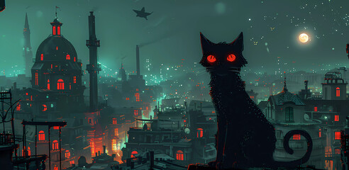 Urban Watcher A Cat's Silent Vigil Over the Cityscape