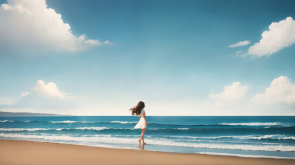 波打ち際で海を見る女の子