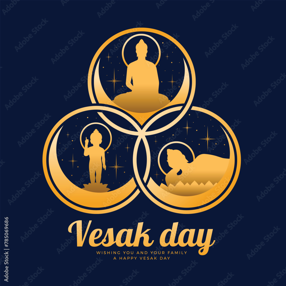 Poster vesak day the golden three events of buddha are nativity enlightenment and nirvana in ring cross on 