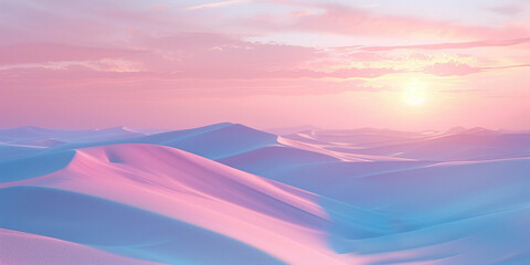 Serene and picturesque landscape of sand dunes under a setting or rising sun, illuminated with soft hues of color. - obrazy, fototapety, plakaty