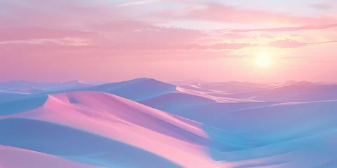 Poster Rose clair Serene and picturesque landscape of sand dunes under a setting or rising sun, illuminated with soft hues of color.