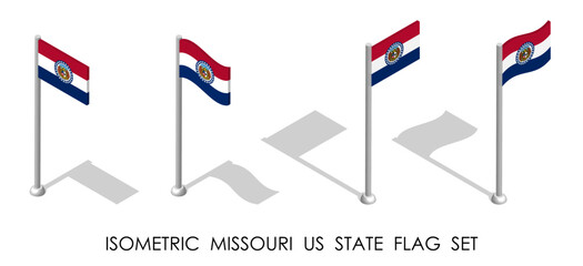Isometric Missouri US state in static position and in motion on flagpole. Missouri map pin mark. 3d vector isolated on white background - obrazy, fototapety, plakaty