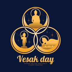 Vesak day The golden three events of buddha are nativity enlightenment and nirvana in ring cross on dark blue background vector design