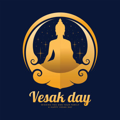 Vesak day - The golden buddha meditation in circle curve frame and star light around on dark blue background vector design