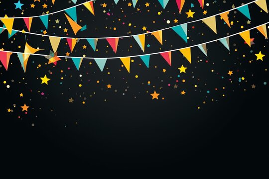 Foreground with black background and colorful flags garland on top, confetti all around, sun shining in the background, party banner