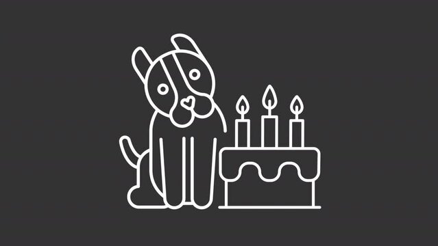 Pet party white line animation. Animated dog with cake icon. Pet adoption celebration. Pet event organization. Isolated illustration on dark background. Transition alpha video. Motion graphic