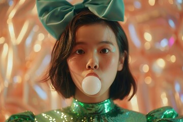 a young kpop girl wearing a green shimmery dress and a big bow 1 in her head, blowing bubble gum