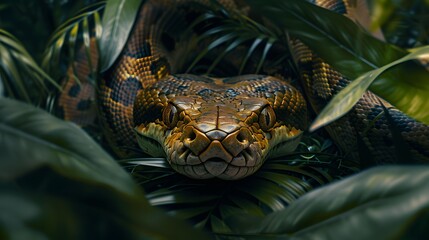 Wild animals anaconda head in jungle with leaves and overgrown