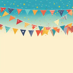 Foreground with brown background and colorful flags garland on top, confetti all around, sun shining in the background, party banner 