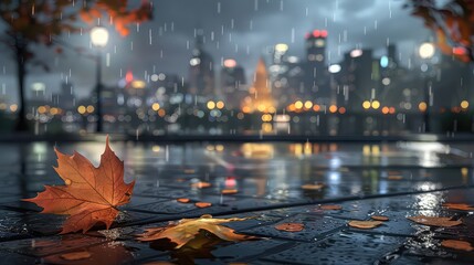 Autumn yellow leaves fall on wet rainy pavement in evening city blurred light