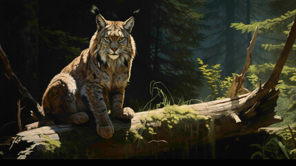 Silent and stealthy lynx perched on a fallen log, its keen eyes fixed on the surrounding landscape, blending seamlessly into the shadows. - obrazy, fototapety, plakaty