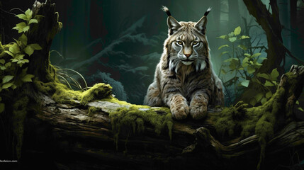 Silent and stealthy lynx perched on a fallen log, its keen eyes fixed on the surrounding landscape, blending seamlessly into the shadows. - obrazy, fototapety, plakaty