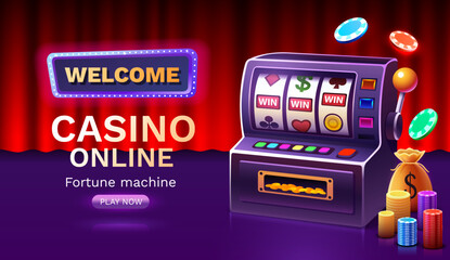 Casino free spins banner slots machine winner, jackpot fortune of luck. Vector illustration