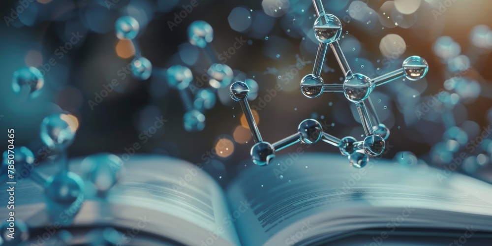 Poster an open book with a three-dimensional molecular structure overlay symbolizing science education.