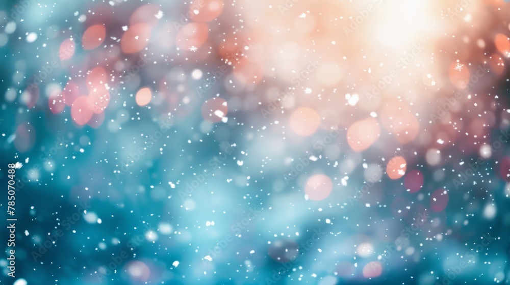 Poster sparkling snowflakes and shimmering bokeh lights create a festive winter backdrop.