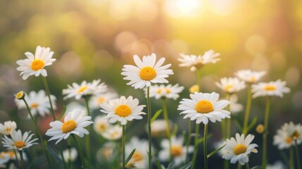 Sunlight bathes a field of white daisies during a tranquil sunset, creating a warm glow.