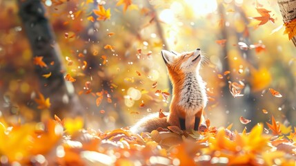 Naklejka premium A fox looks up as autumn leaves fall around it in a magical forest scene with a warm glow.