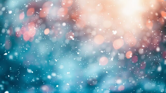 Sparkling snowflakes and shimmering bokeh lights create a festive winter backdrop.