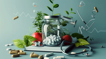 Fotobehang Medicine garden laboratory setting where medical instruments coexist harmoniously with a variety of potted plants, symbolizing the synergy between conventional medicine and the healing power of nature © Nouman Ashraf