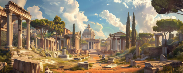 Ancient roman ruins with columns in Rome, panoramic view, generated ai - Powered by Adobe
