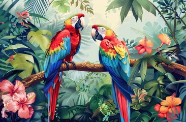 Colorful macaw parrots on tree branch side by side in lush tropical setting